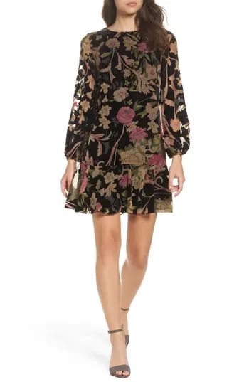 Petite Women's Eliza J Print Velvet Shift Dress, Size 0P - Black | Nordstrom