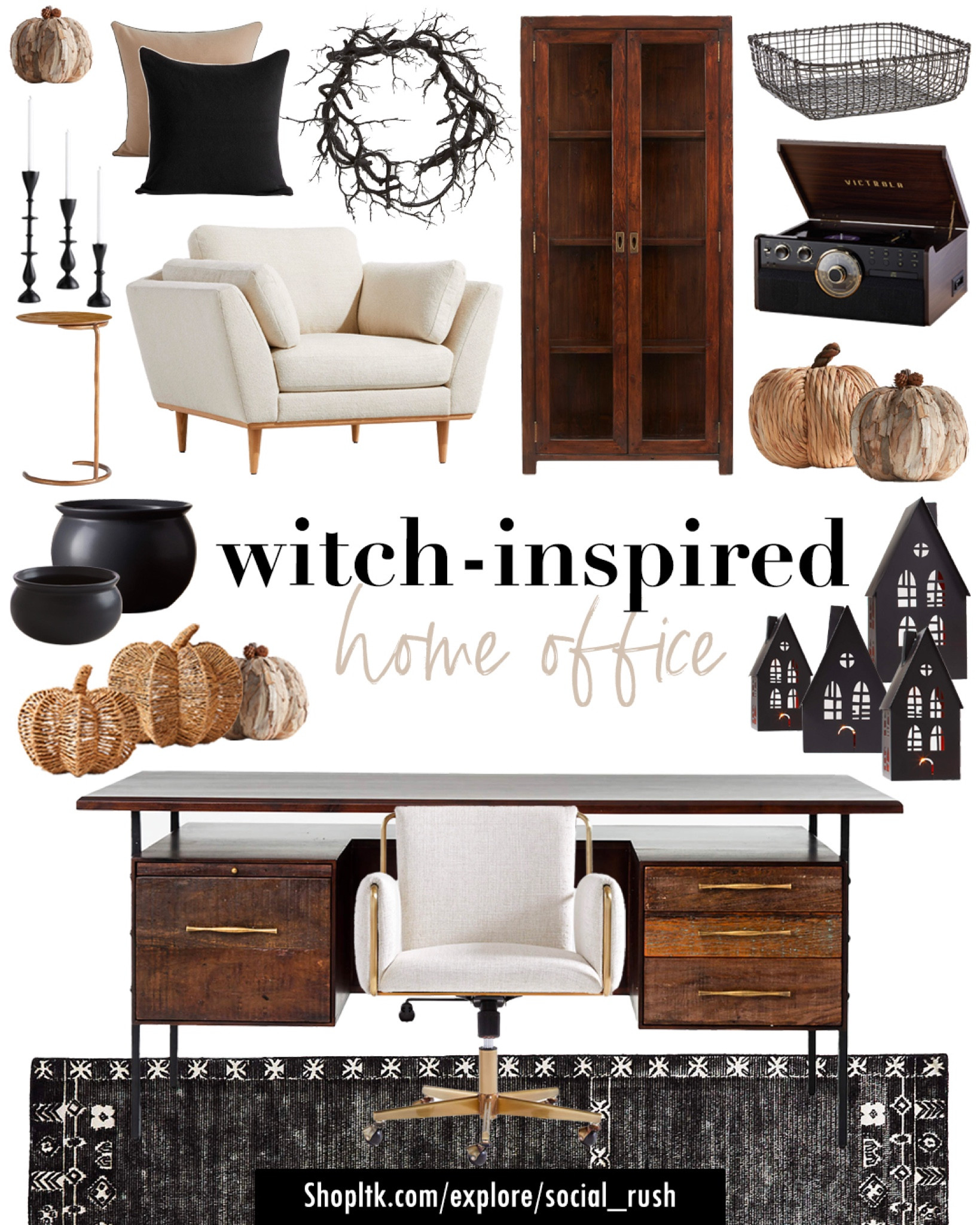 Witch-Inspired Home Office, Halloween Office Inspo, Fall Home Office Idea, Mid-Century Office, Office Desk, Office Chair, Office Bookshelf, Pumpkin Decor, Halloween Decor, Spooky Decor, Crate & Barrel Home Finds, Home Office Finds, Wood Furniture, Mid-Century Home Decor

#LTKhome #LTKHalloween #LTKSeasonal