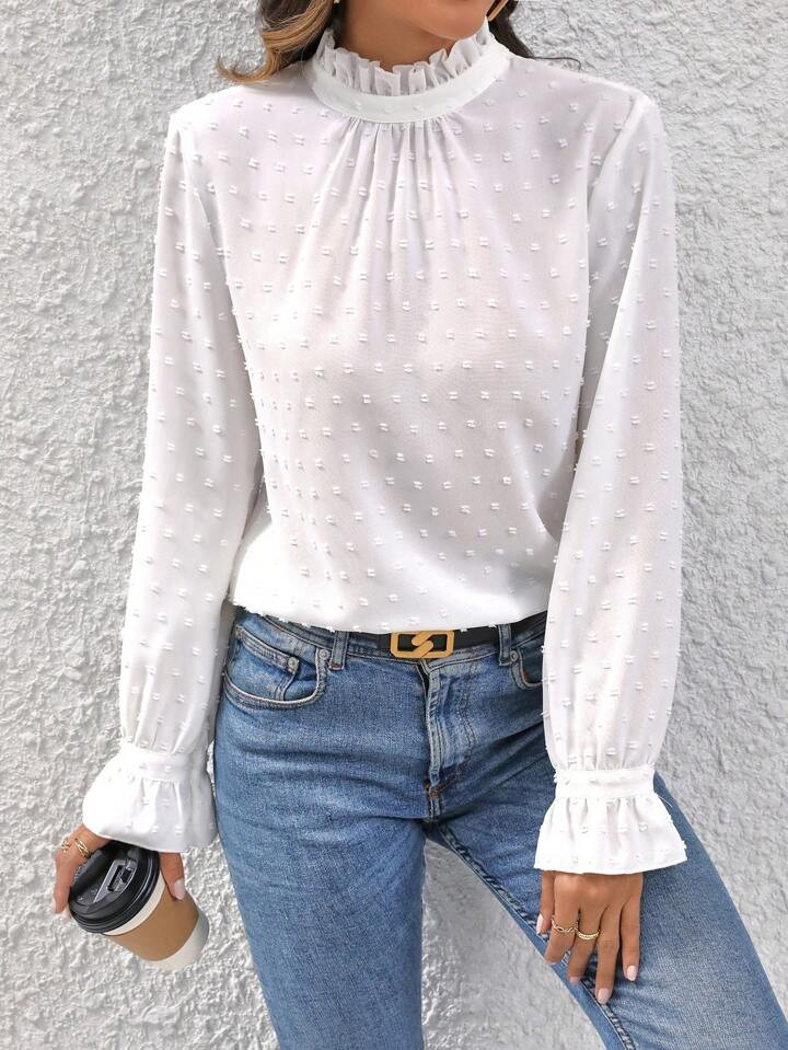 SHEIN Privé Swiss Dot Frill Trim Flounce Sleeve Blouse | SHEIN
