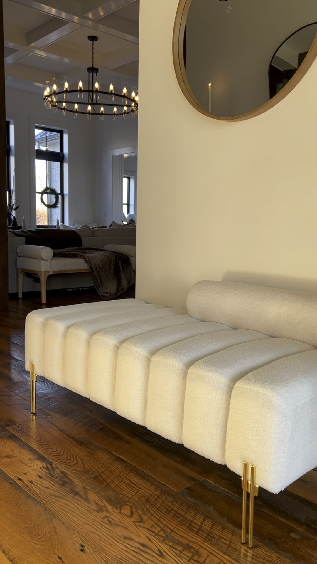 My new boucle bench looks so high end, and much more expensive than it actually was! #bouclebench #entryway #entrywaydecor #furniture 

#LTKhome #LTKVideo #LTKHoliday