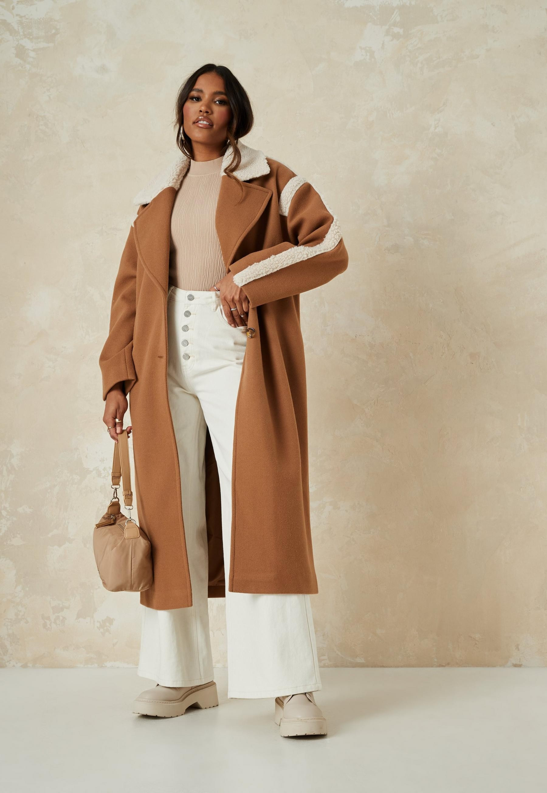 Camel Borg Teddy Contrast Formal Coat | Missguided (US & CA)