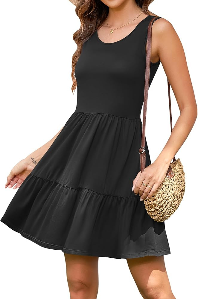 AUSELILY Womens Summer Dress Casual Sleeveless Crewneck T Shirt Sundress Flowy Tiered Swing Mini ... | Amazon (US)