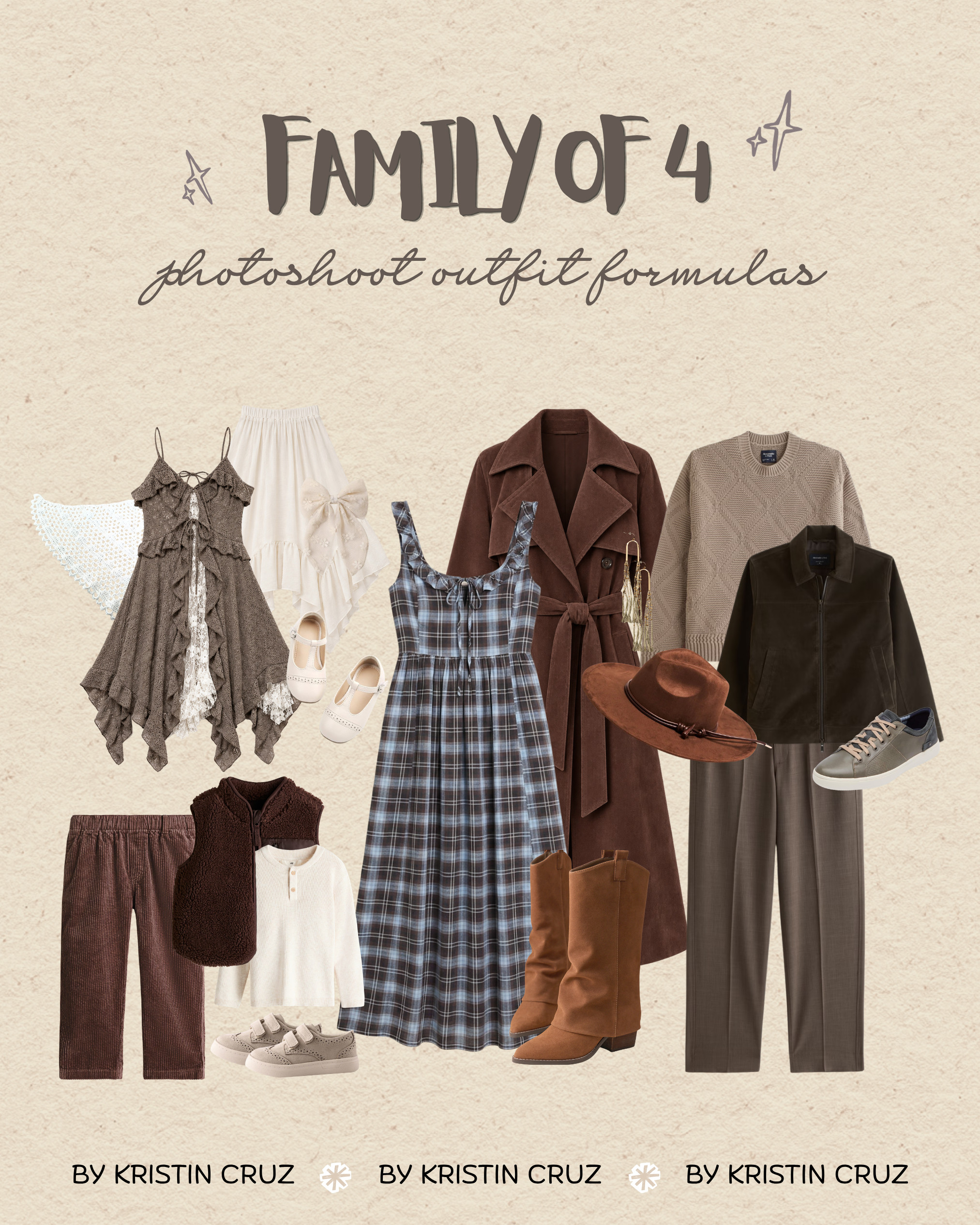 Planning a fall family photoshoot and don't know where to start? This is the palette. Plaid, suede, deep brown and olive, everything layered enough to feel cozy but still photograph clean. Little girl's dress has that handkerchief hem that catches movement so well, and dad's neutrals keep the whole thing grounded. Linking every piece below!  

 #LTKmomlife #LTKSeasonal #LTKKids