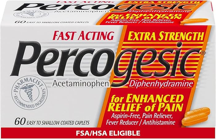 Percogesic Extra Strength Acetaminophen & Diphenhydramine Pain Relief, Fast-Acting Aspirin-Free F... | Amazon (US)