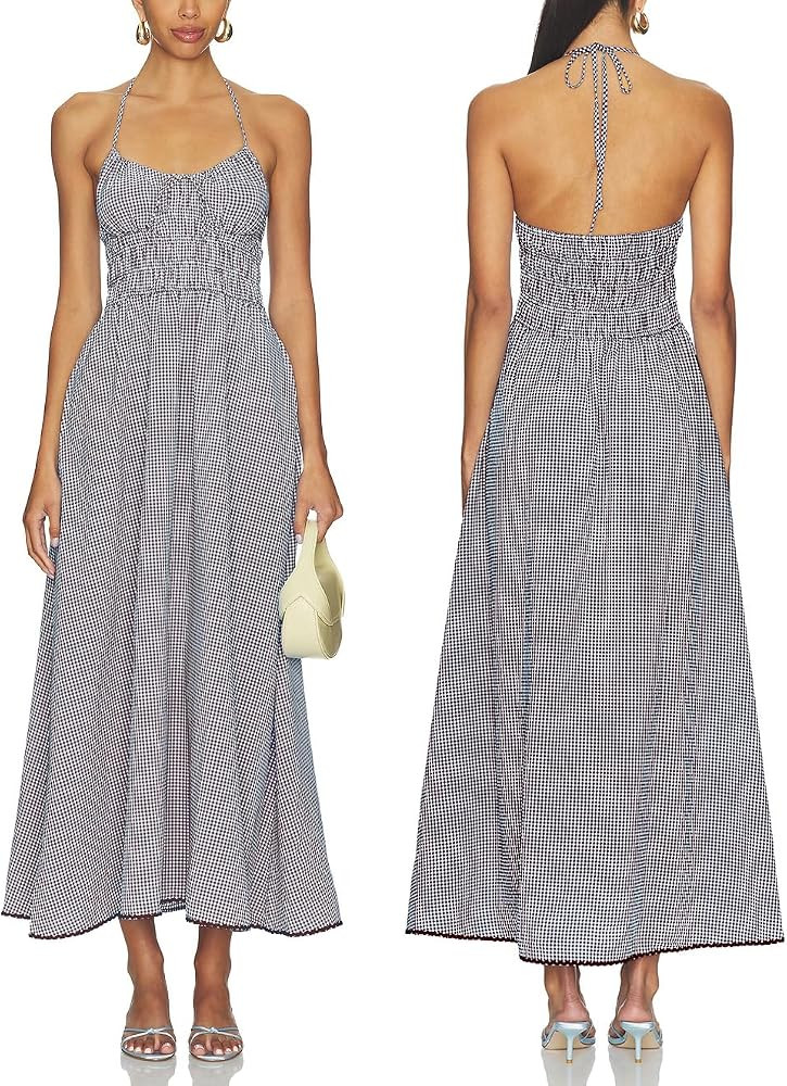 Women Backless Halter Plaid Maxi Dress Smocked Waist Flowy Beach Sundress | Amazon (US)