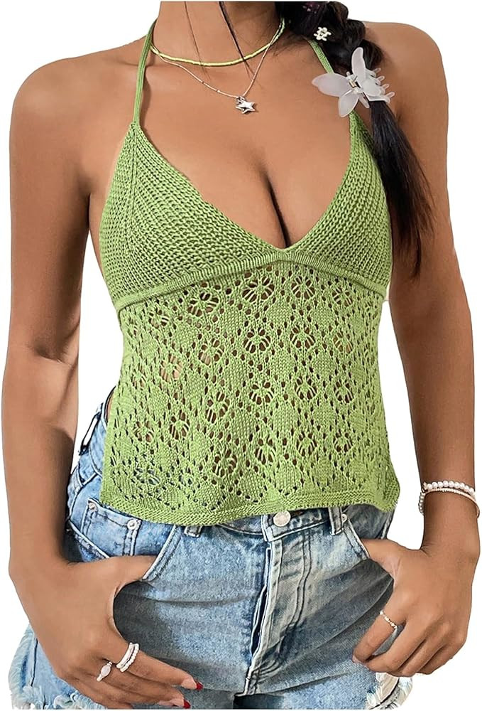 SweatyRocks Women's Embroidered Eyelet Net Crochet Knitted Halter Camisole Crop Top | Amazon (US)
