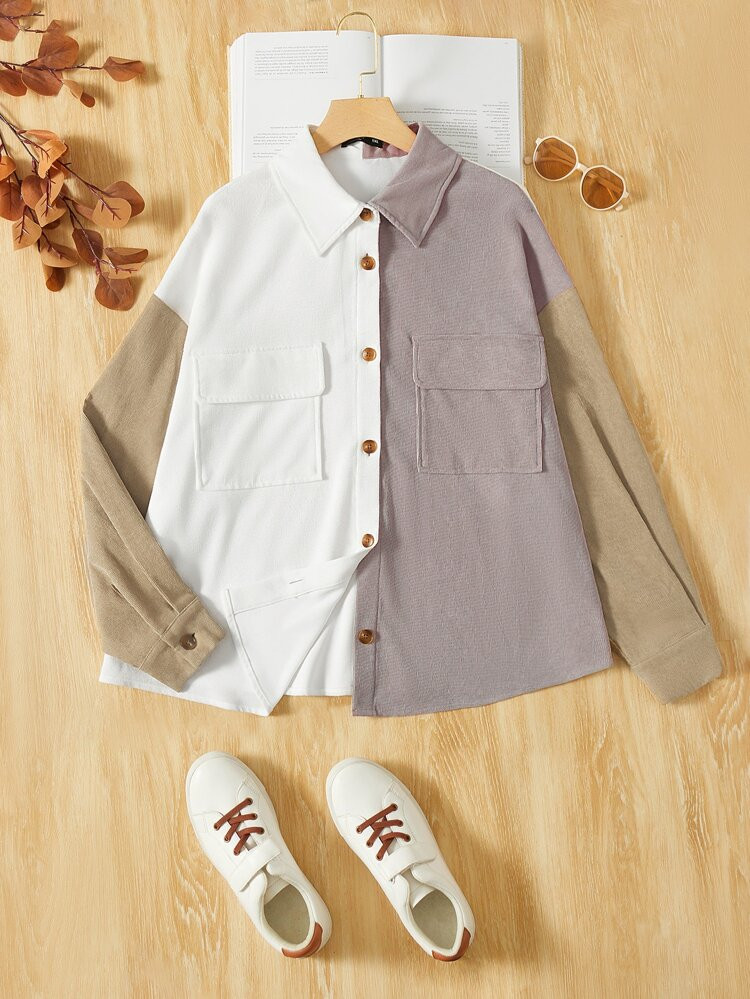 SHEIN Plus Colorblock Flap Pocket Drop Shoulder Shirt | SHEIN