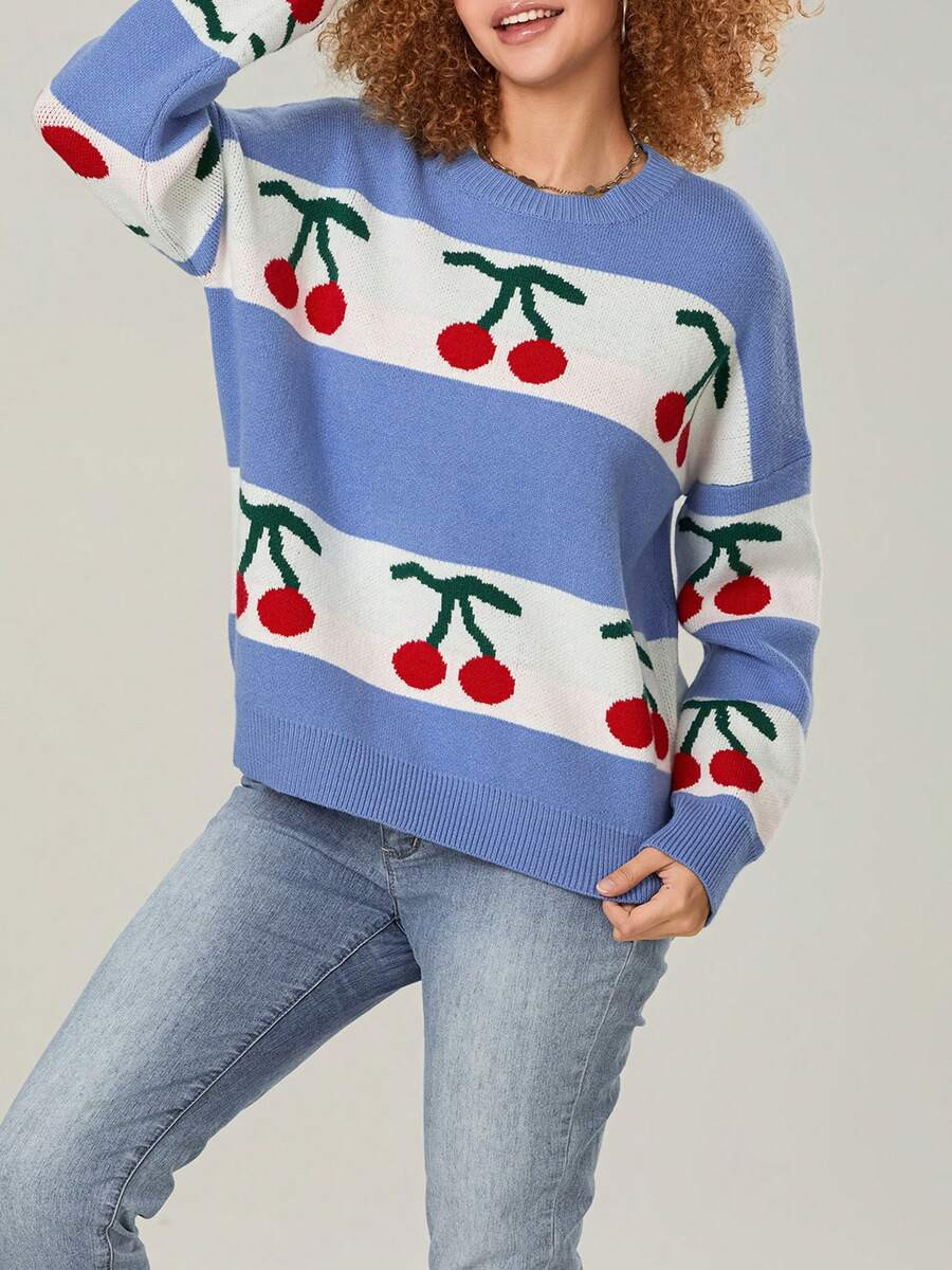 Women's Loose Stripes Sweaters Long Sleeve Round Neck Cherry Print Knit Tops Fall Jumper Tops | SHEIN