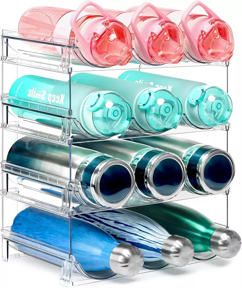 JUPELI Water Bottle Organizer, 4 Pack Stackable Cup Organizer for Cabinet,  Plastic Tumbler Travel Mug Holder, Wine Drink Srack for Kitchen Countertop