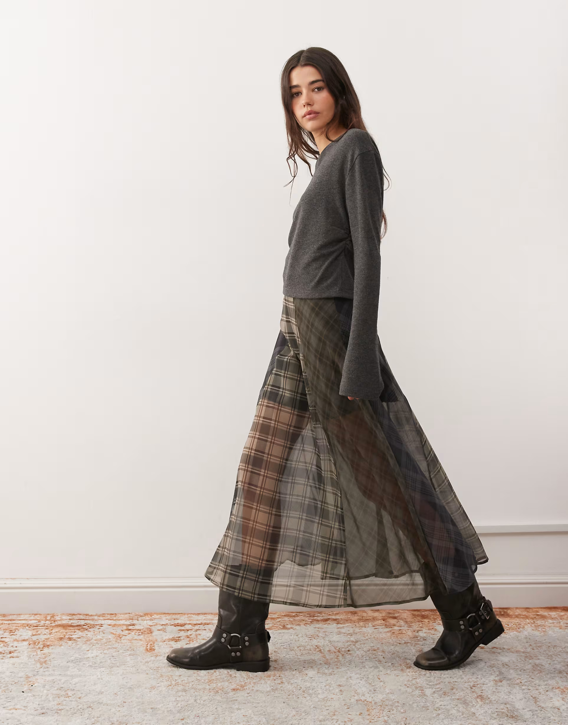 Reclaimed Vintage midaxi circle skirt in sheer spliced plaid print | ASOS (Global)