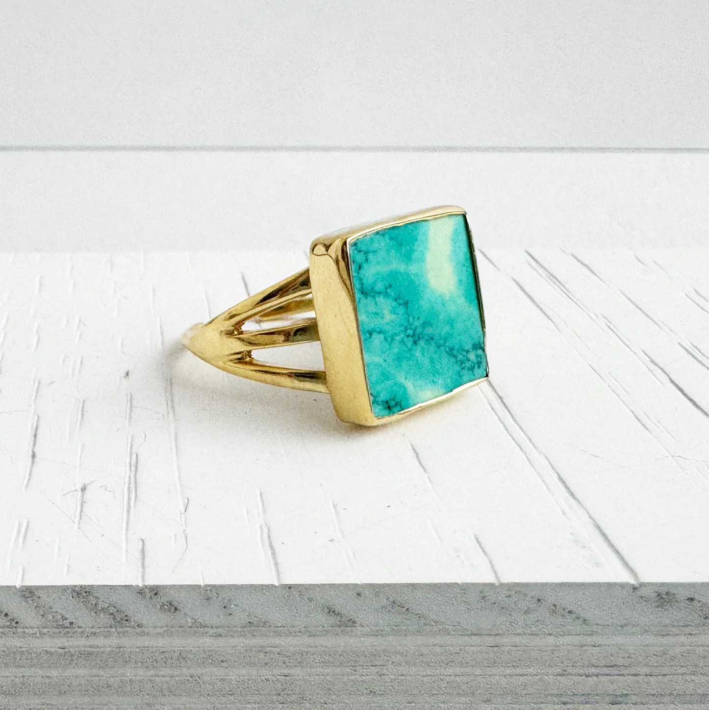 Turquoise Square Triple Band Ring in Gold and Silver | Rustic Gem Jewelry