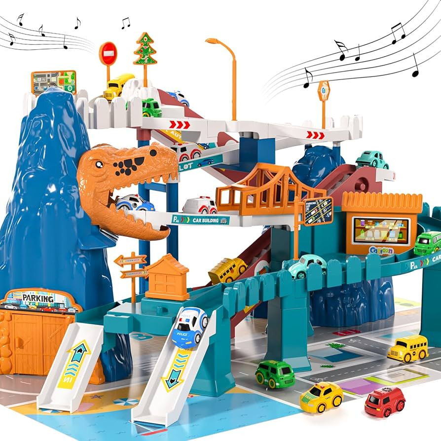 TEMI Boys Dinosaur Race Track Playset, Kids Car Garage Parking Adventure Toy with 10 Mini Cars, E... | Amazon (US)