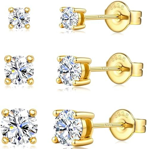 Moissanite Stud Earrings 3 Pairs 14K White Gold Plated Sterling Silver Men's Flat Back Stud Earri... | Amazon (US)