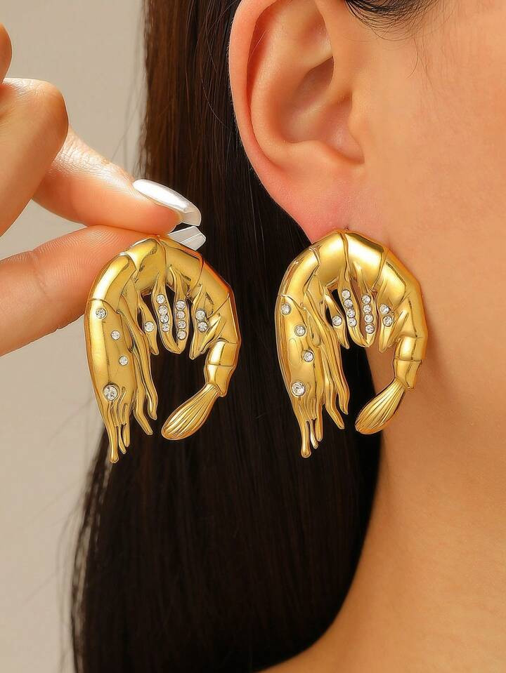 1 Pair Fashionable New Stainless Steel 18K Gold Plated Creative Shrimp Design With Cubic Zirconia Decoration Earrings, Casual & Versatile For Women, Suitable For Daily Wear, Banquet, Party Or As A Gift | SHEIN