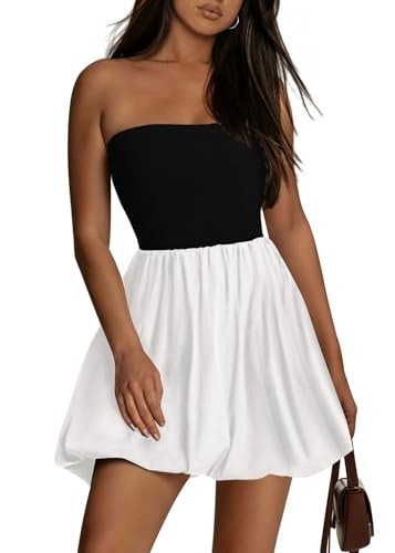 KIRUNDO Women's Summer Strapless Mini Dress Tube Top Bubble Skirt 2025 Short Pleated A Line Patchwork Beach Party Sundress(Black White, XX-Large) | Amazon (US)