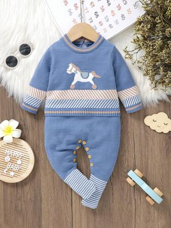 SHEIN Baby Boy Sweater Jumpsuit With Little Horse Pattern | SHEIN
