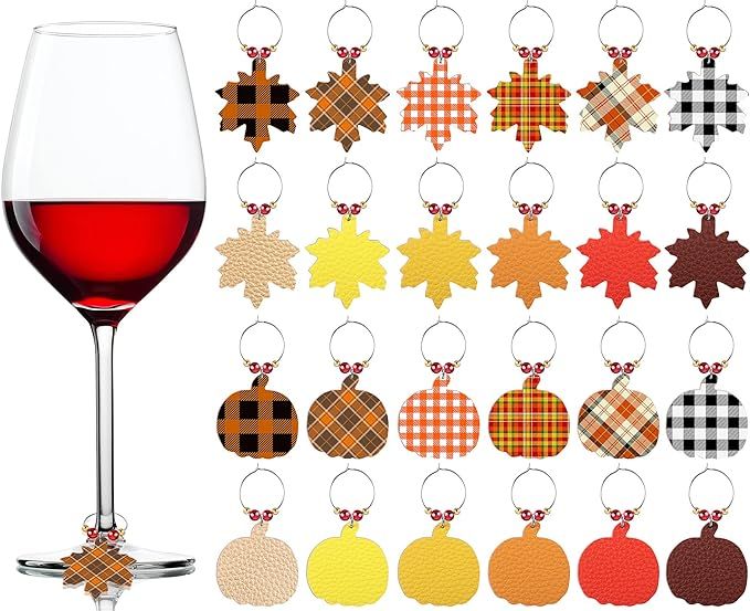 24 Pieces Thanksgiving Wine Glass Charms Cute Pumpkin Maple Leaf Wine Charms Identifier Orange Pl... | Amazon (US)