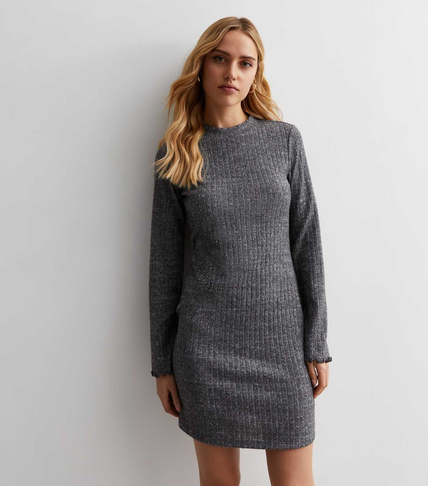 Dark Grey Ribbed High Neck Long Sleeve Mini Dress
						
						Add to Saved Items
						Remove fr... | New Look (UK)