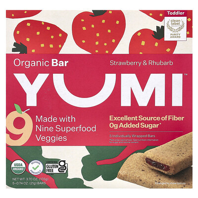 Yumi, Organic Bar, Toddler, Strawberry & Rhubarb, 5 Bars, 0.74 oz (21 g) Each | iHerb