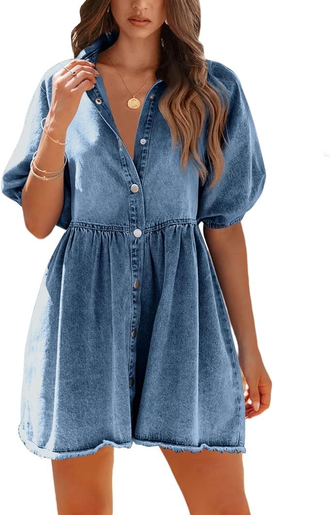 Pepochic Womens Summer Denim Dress Button Down Short Sleeve Babydoll Dress Puff Sleeve Flowy Jean... | Amazon (US)