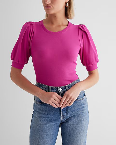 Fitted Ribbed Crew Neck Puff Sleeve Tee | Express (Pmt Risk)