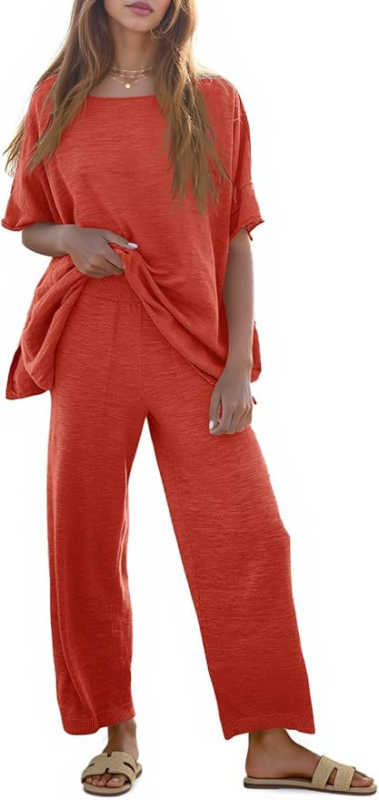 Tankaneo Women's 2 Piece Travel Outfits Casual Short Sleeve Knit Sweater Set Wide Leg Pants Loung... | Amazon (US)