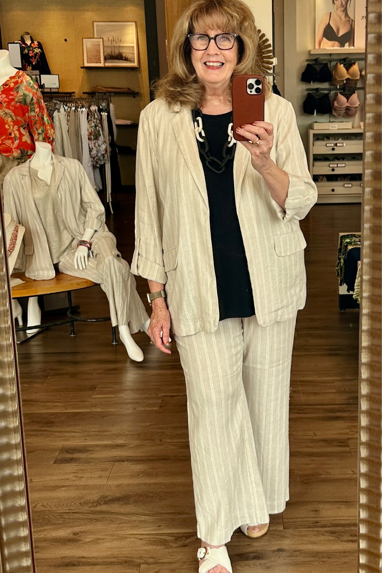 This classic linen suit has a touch of metallic in the stripes. It is sold in pieces. Everything linked here..,even the necklace!

#LTKOver40 #LTKSaleAlert #LTKSeasonal
