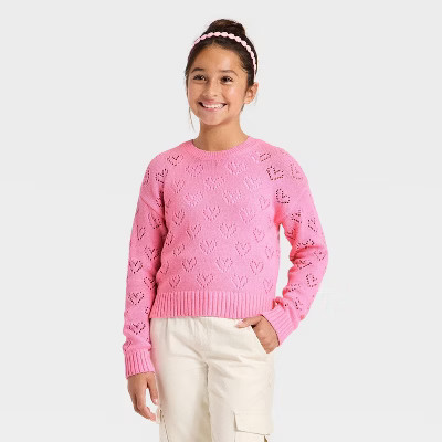 Girls' Pointelle Heart Sweater - Cat & Jack™ Pink S | Target