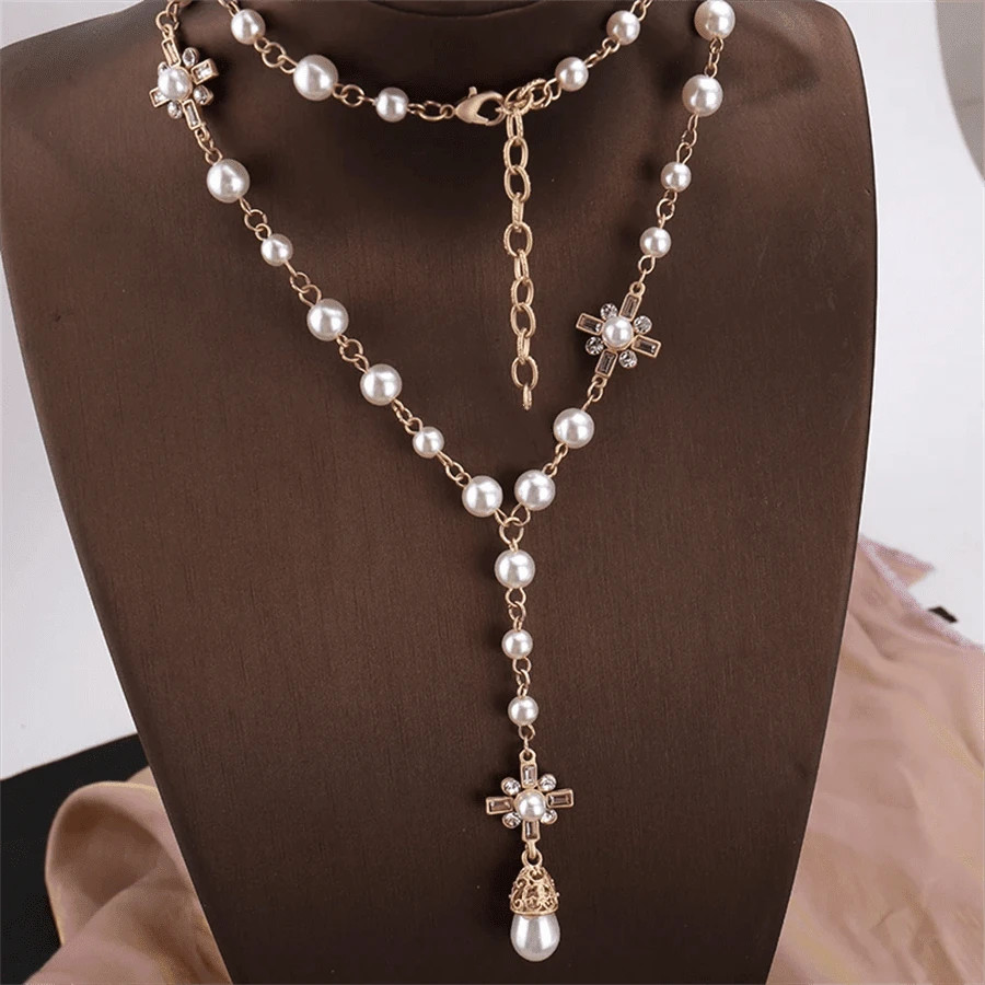 Fashionable Pearl Double-Layer Pendant Long Necklace Sweater Chain Accessory | SHEIN