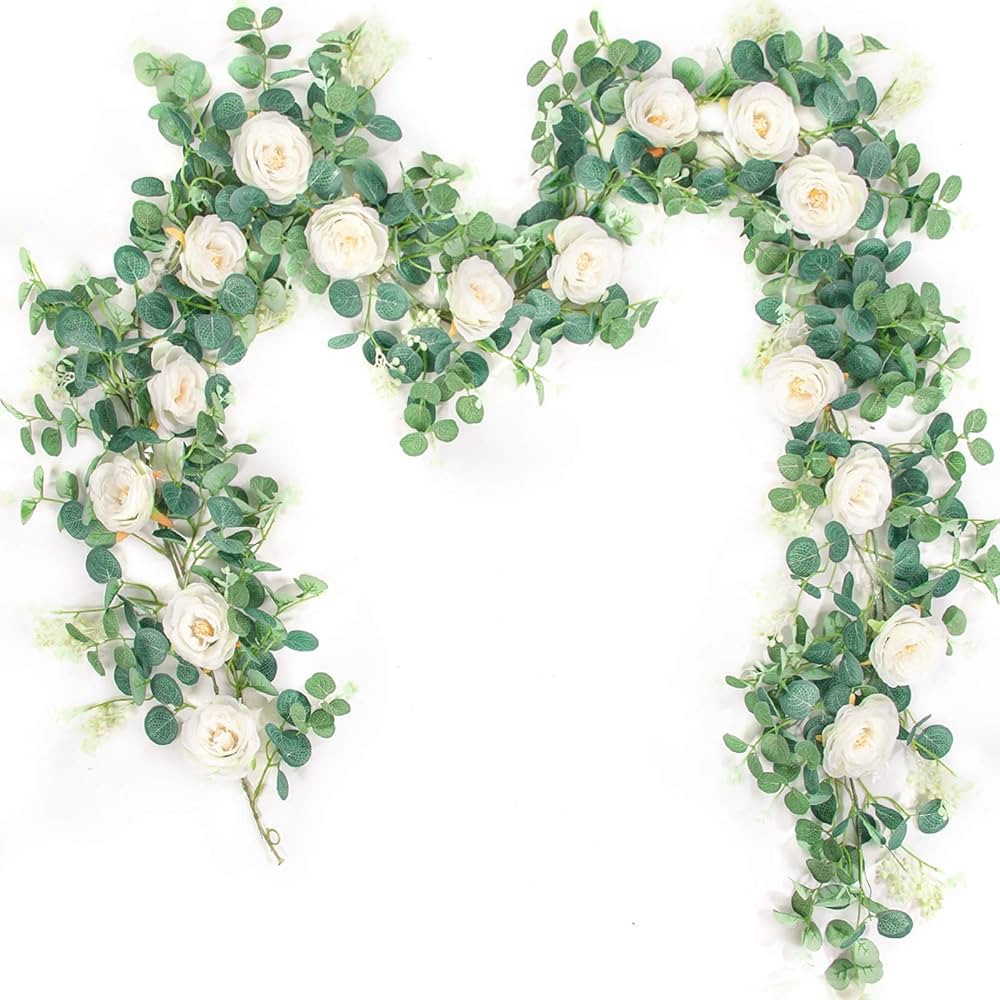 Der Rose 2 Pack 13Ft Artificial Eucalyptus Flower Garland with Fake Silk Rose Flower Vine Seeded ... | Amazon (US)