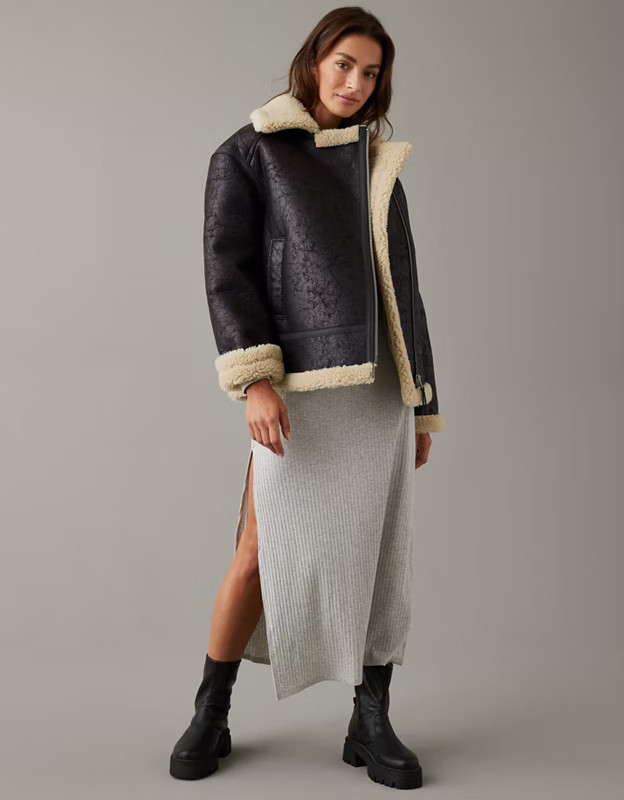 AE Oversized Vegan Shearling Moto Jacket | American Eagle Outfitters (US & CA)