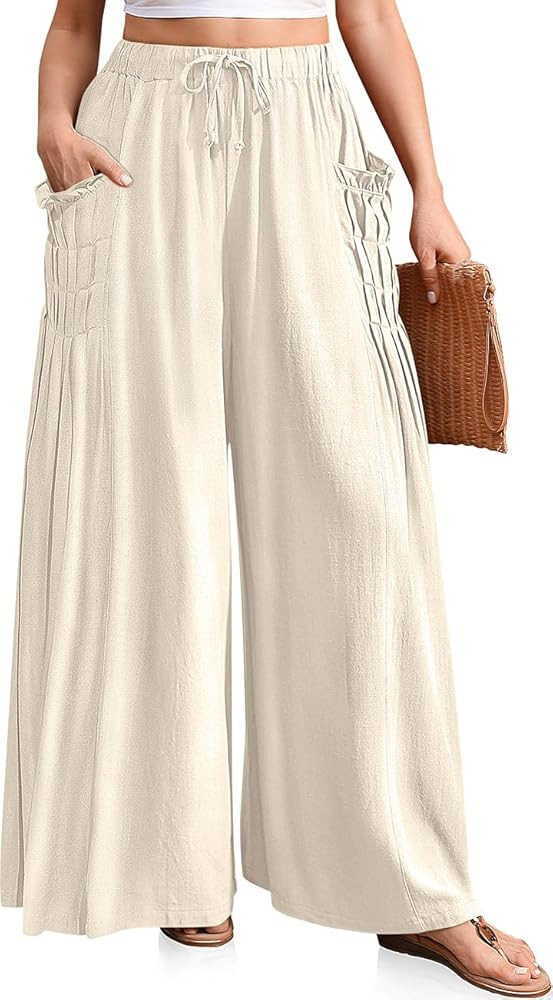 TARSE Women Linen Palazzo Pants Summer Wide Leg Boho Drawstring Casual Lounge Pant Beach Travel V... | Amazon (US)