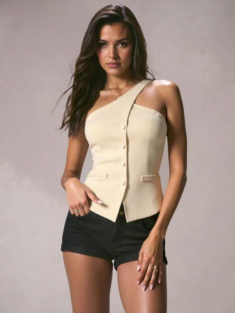 Glamine Blazer beige sin mangas casual y vers\u00e1til para mujer, de verano | SHEIN