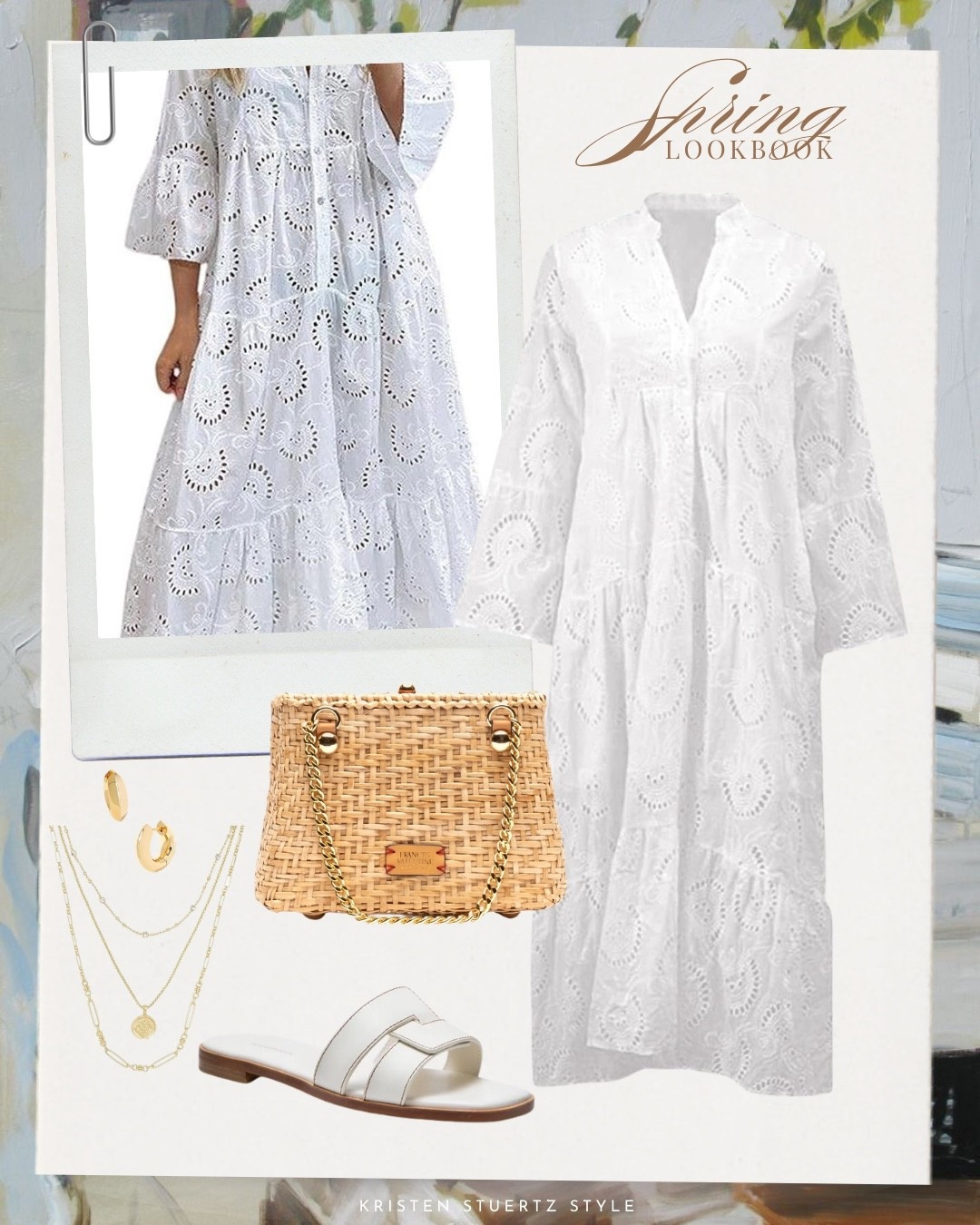 A breezy classic white dress for spring. I’ve paired this eyelet embroidered midi dress with a Frances Valentine basket bag, Tnuck leather sandals and Kendra Scott gold jewelry.

#spring outfits #resort wear 2026 
@ltk @Tuckernuck 

#LTKOver40 #LTKootd #LTKTall