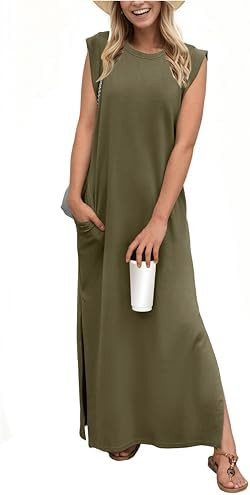 GRECERELLE 2026 Women Year-Round Casual Round Neck Loose Split Wrinkle-Free Long Maxi Vacation Dr... | Amazon (US)