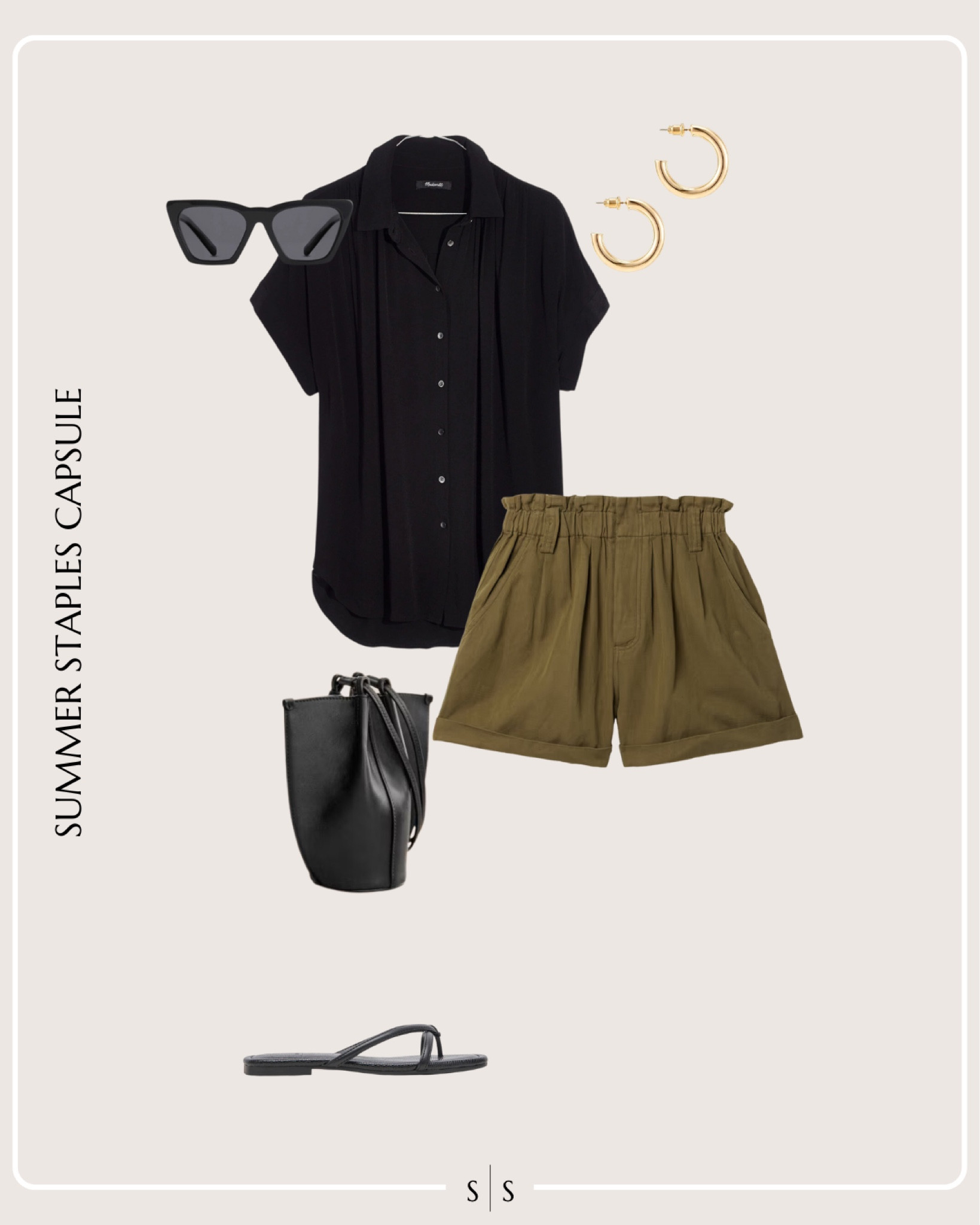 Summer Staples Capsule Wardrobe outfit idea | black drapey shirt, olive shorts, black slide sandals, mini bucket bag, sunglasses, gold hoops

See the entire Summer Staples Capsule Wardrobe on thesarahstories.com ✨ 


#LTKStyleTip