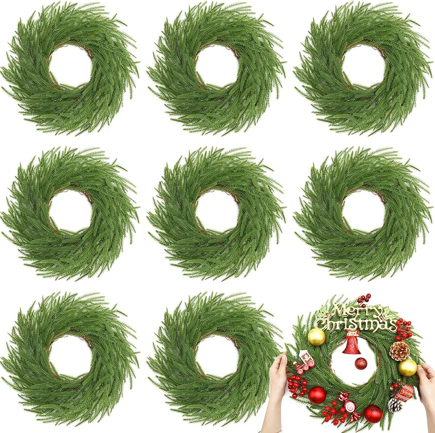 Zeyune 8 Pcs Christmas DIY Green Wreath 14 Inch Artificial Christmas Wreaths Faux Plain Wreaths f... | Amazon (US)