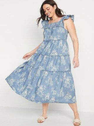 Flutter-Sleeve Floral Tiered Smocked Midi Swing Dress for Women | Old Navy (US)