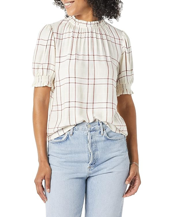 Amazon Essentials Women's Fluid Twill Short Puff Sleeve Smock Detail Shirt | Amazon (US)