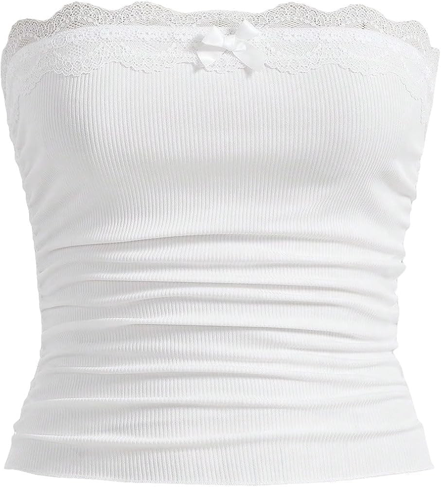 Women Sexy Strapless Lace Trim Bandeau Tube Tops Bowknot Front Ruched Ribbed Slim Fit Cami Summer... | Amazon (US)