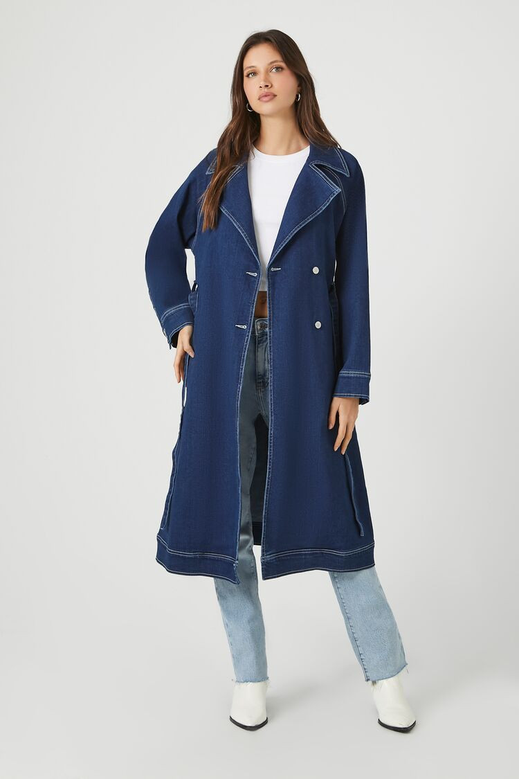 Women's Denim Trench Coat in Dark Denim Small | Forever 21
