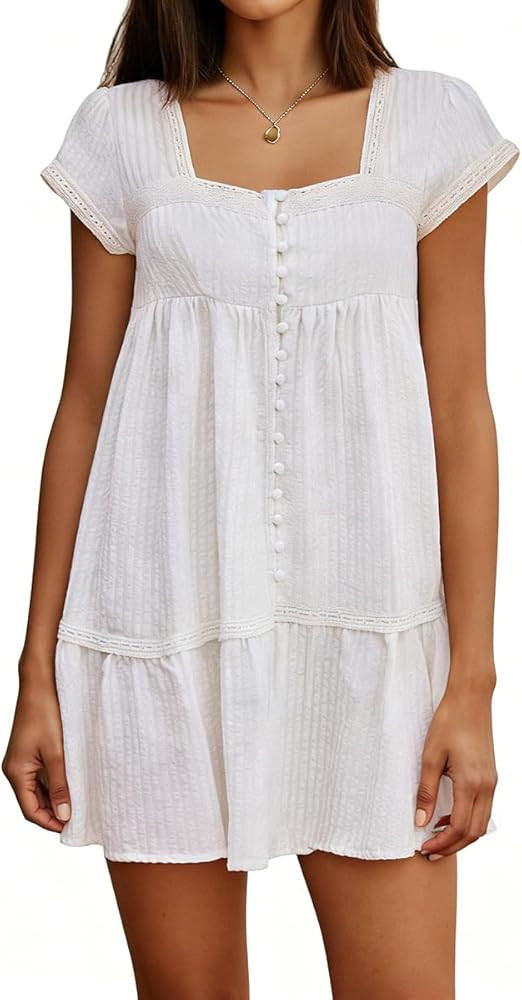 Women Y2K Cottage Floral Mini Dress Square Neck Lace Trim Short Sleeve Button Front Ruffled A-Lin... | Amazon (US)