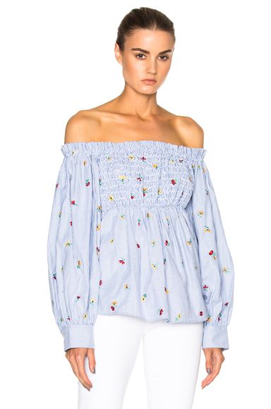 SUNO Smocked Off Shoulder Embroidered Top in Blue, Stripes, Floral. - size 2 (also in ) | FORWARD by elyse walker