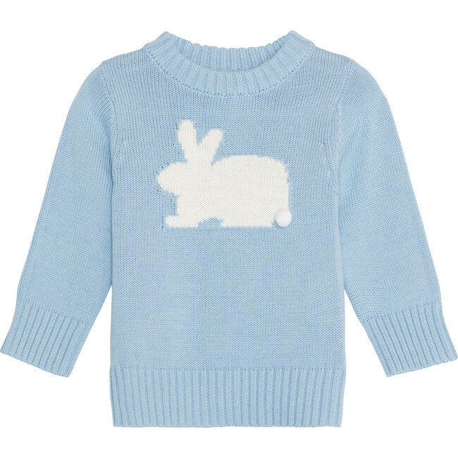 Kid's Bunny Knit Rib Trim Crew Neck Sweater, Light Blue | Maisonette