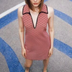 ZARA Retro Jacquard Print Geometric Collared Mini Dress Red Size Small | Poshmark