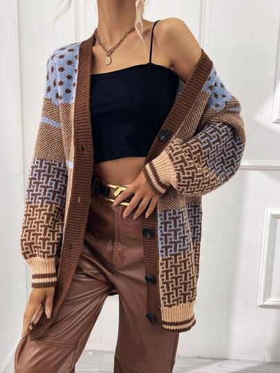 Polka Dot & Geo Pattern Drop Shoulder Cardigan | SHEIN