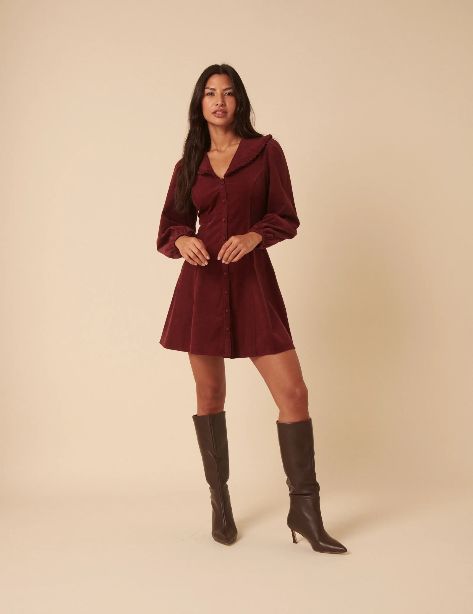 Burgundy Cord Collared Emma Mini Dress | Nobody's Child