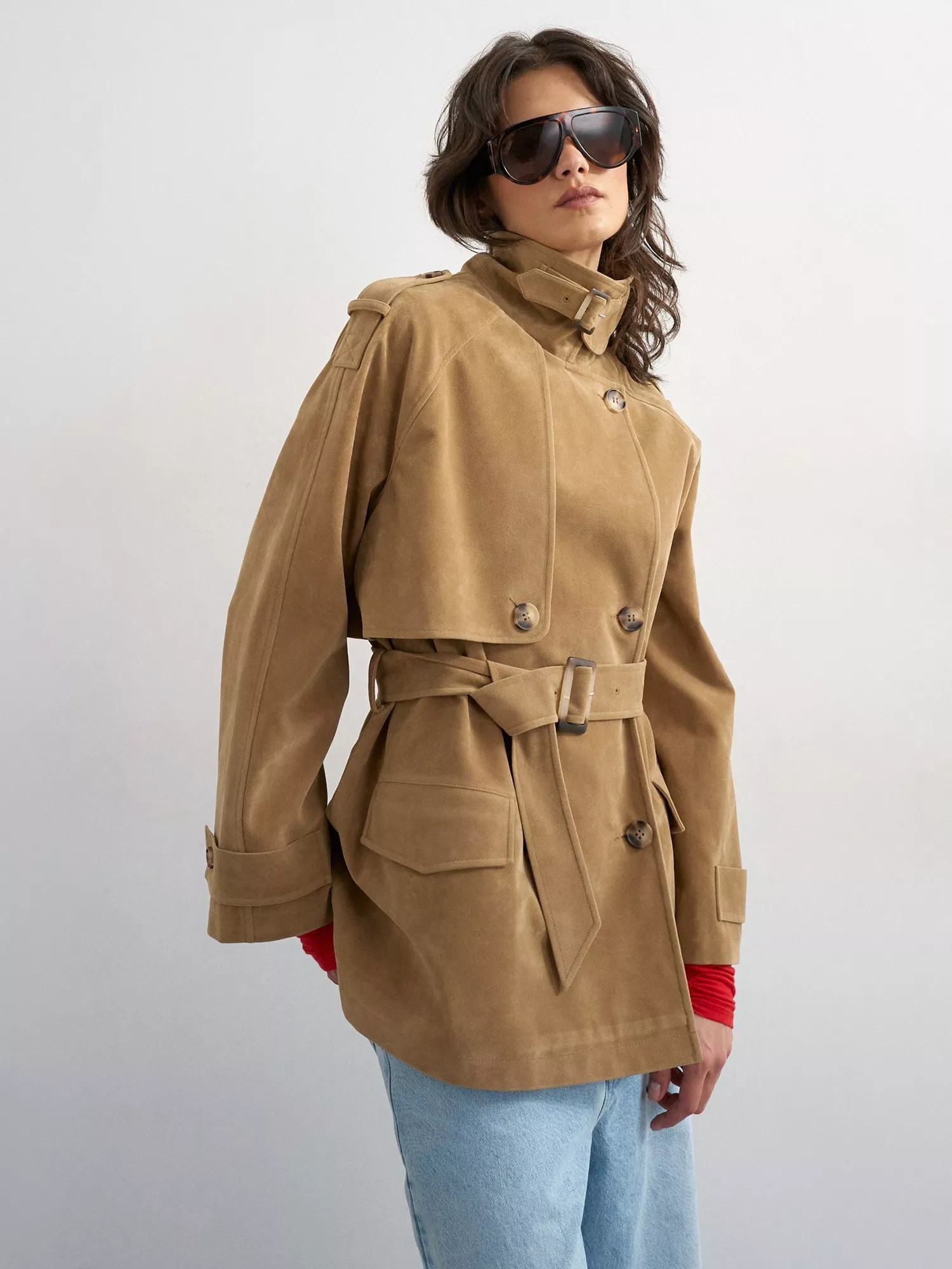 Topshop Faux Suede High Neck Trench Coat, Tan | John Lewis (UK)