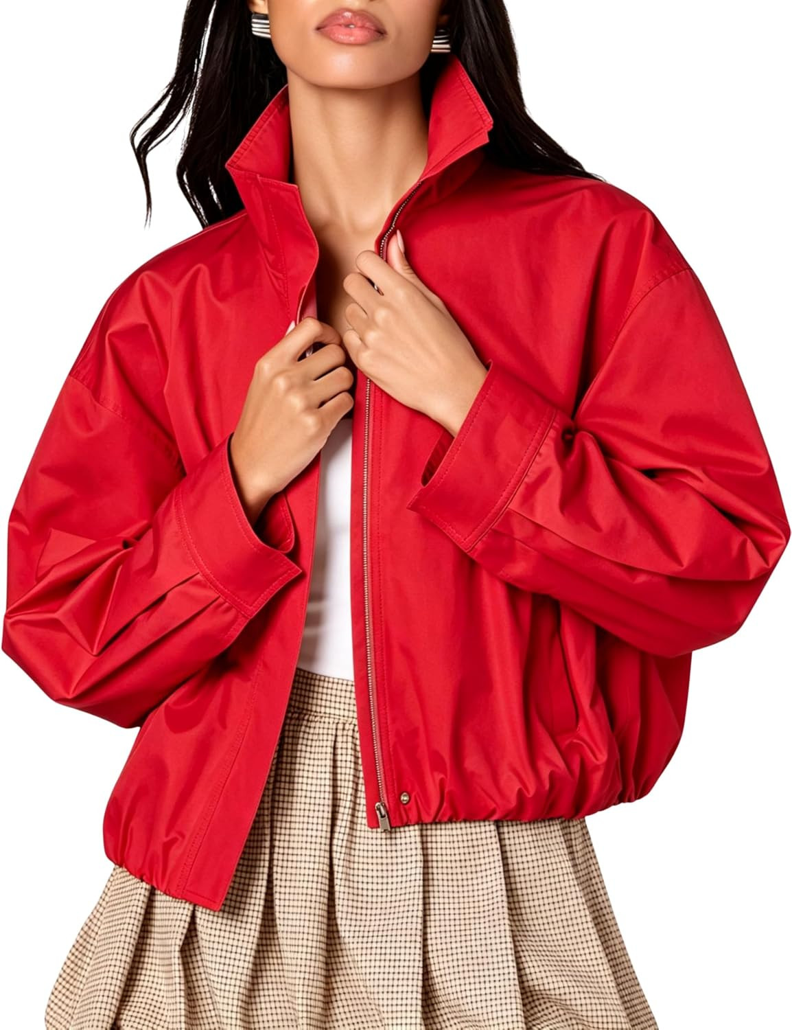 Funnel Neck Windbreaker Jacket Cropped Zipper Bubble Hem Outerwear | Amazon (US)
