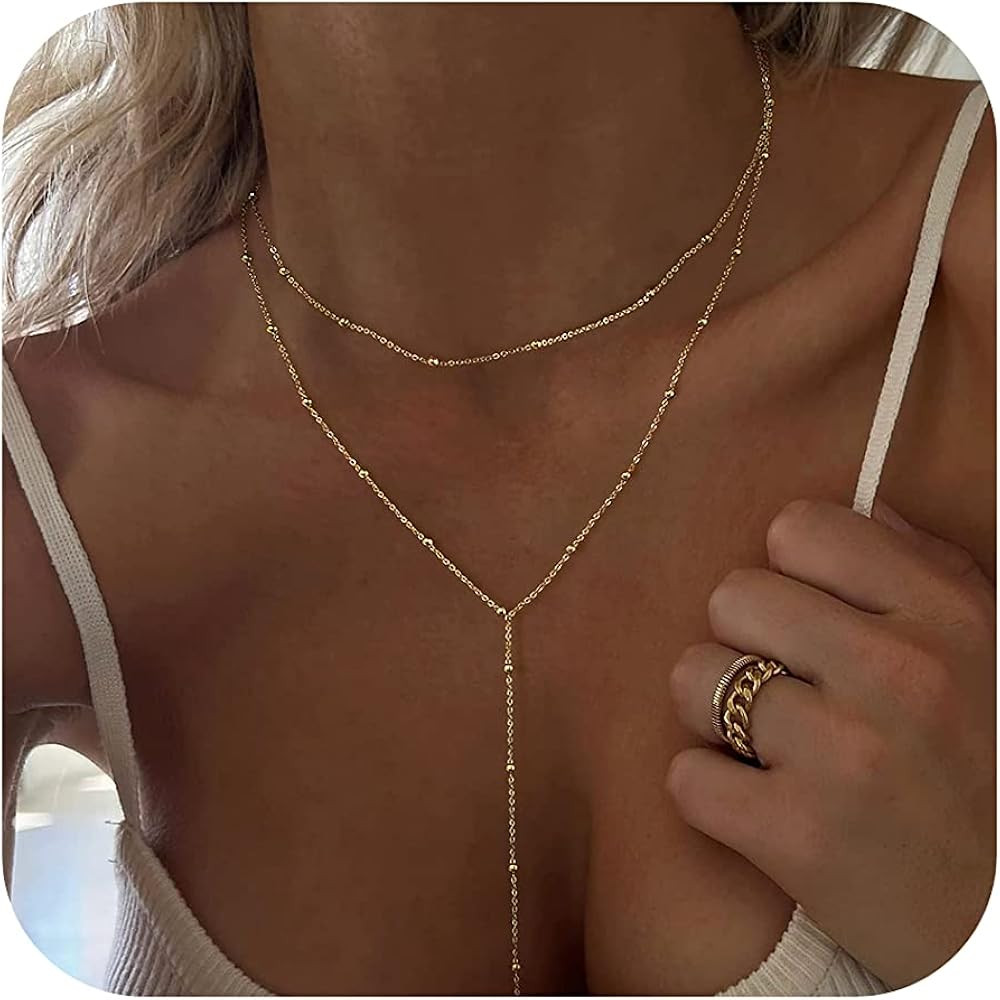 Tewiky Lariat Necklace for Women, Dainty Gold Long Necklaces 14k Gold Plated Heart Pearl CZ Teard... | Amazon (US)